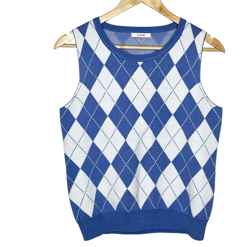 Sioni Argyle Sleeveless Sweater Blue Womens M Vest Preppy Academia Tenniscore